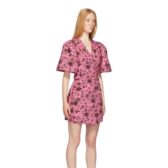 GANNI Rose Print Organic Cotton Pink & Black Rose Print Wrap Dress Size 6 - Picture 1 of 10